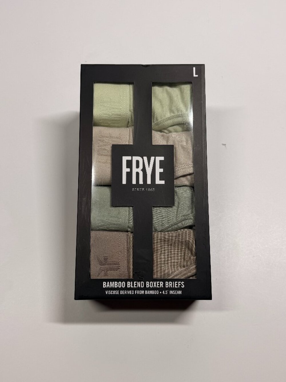 FRYE Bamboo Blend Boxer Briefs - 4 Pack - NWT - Large - Green/Tan - one Striped